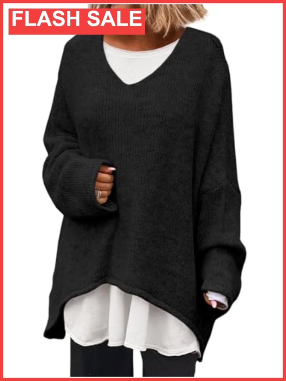 Oversized V Neck Batwing Long Sleeve Knit Slouchy Pullover Sweater